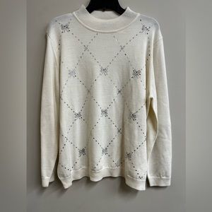 Alfred Dunner Women Cream Sweater with Argyle and Bows Rhinestone Pattern - 1X